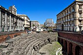 Italy, Sicily, Catania, Baroque city listed as UNESCO World Heritage, Piazza Stesicoro, the Roman amphitheater built in the second century is one of the largest in the Roman Empire