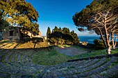 Italy, Sicily, Eolian Islands listed as World Heritage by UNESCO, Lipari, Greek-Roman amphitheater (4th-2nd centurry B.C.) in the citadel's gardens