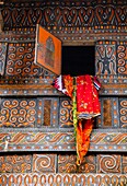 Indonesia, Sulawesi island, Toraja country, Tana Toraja, Rantepao area, Sadan Tobarana, facade of a traditional Toraja house with carved and painted wood