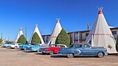 Vereinigte Staaten, Arizona, Route 66, Holbrook, Wigwam Motel, eingetragen im Nationalen Verzeichnis historischer Stätten, mit Sammlerfahrzeugen