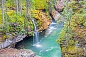 Canada, Alberta, Canadian Rocky Mountains listed as UNESCO World Heritage Site, Jasper National Park, waterfall in Maligne canyon