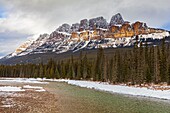 Canada, Alberta, Canadian Rocky Mountains listed as UNESCO World Heritage Site, Banff National Park, Castle Mountain and the Bow river in winter