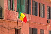 Senegal, Dakar, Goree Island, UNESCO World Heritage Site, Senegal flag on the front of the former William Ponty's school