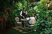 Spain, Canary Islands, La Palma, Tea service by a staff member, in the garden of a tropical luxury hotel