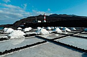 Spanien, Kanarische Inseln, La Palma, Blick auf einen Leuchtturm und die ihn umgebende Saline am Meer, auf einer Vulkaninsel