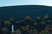 Spanien, Kanarische Inseln, La Palma, Wanderer auf einem Wanderweg in einer wüstenhaften und vulkanischen Umgebung bei Sonnenaufgang