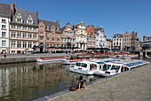 Belgium, East Flanders, Ghent, Korenlei (Quai au Blé), along the river Lys, tourist boats and old houses of baroque and classical style