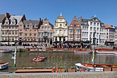 Belgium, East Flanders, Ghent, Korenlei (Quai au Blé), along the river Lys, tourist boats and old houses of baroque and classical style