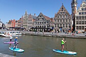 Belgium, East Flanders, Ghent, Graslei (Quai aux Herbes), along the Lys, tourist boats and rich old houses that housed commercial guilds