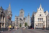 Belgium, East Flanders, Ghent, view from the Saint Michel bridge on the church of Saint Nicolas and the belfry of the Cloth Hall