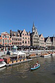 Belgium, East Flanders, Ghent, Graslei (Quai aux Herbes), along the Lys, tourist boats and rich old houses that housed commercial guilds