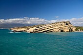 Greece, Crete, Matala, Matala Bay, beach and caves seen from the south cliff