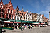 Belgium, West Flanders, Bruges, historical center listed as a UNESCO World Heritage, Grand Place, restaurant terraces and gabled houses