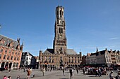 Belgium, West Flanders, Bruges, historical center listed as a UNESCO World Heritage, Grand Place, Belfry over the Cloth Hall