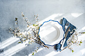 Elegant spring table setting engulfed in soft natural light, featuring cherry blossom branches and a classic white plate with blue trim