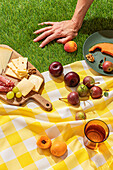 A vibrant summer picnic scene on a grassy lawn featuring a yellow checkerboard cloth laid with a cheese board, fruits, and cold cuts. Anonymous person’s hand reaches into the frame, adding a dynamic touch to the still life