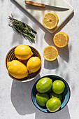 Bright and zesty lemons and limes displayed in bowls with a sprig of rosemary, knife, and marble board on a sunny table