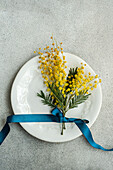 From above of ornate white plate holds a bright bouquet of mimosa flowers, elegantly tied with a deep blue ribbon on a textured grey surface