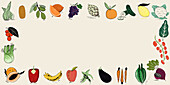 Illustrations of various fruits and vegetables in a color palette, ideal for fresh market themes and culinary designs.