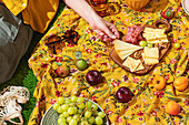 A detailed scene of a summer picnic on a vibrant floral-patterned blanket under sunlight. A hand reaches for cheeses and meats among fresh fruits and beverages, capturing the laid-back joy of outdoor dining