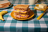 A ham and cheese sandwich on a plate with a banana, butter, and a cup on a checkered blue tablecloth