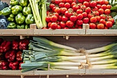 Eine Vielzahl von frischem Gemüse, darunter grüne Paprika, reife Tomaten, rote Paprika und Lauch, die an einem Marktstand fein säuberlich angeordnet sind