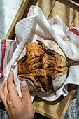 Ein frisch gebackenes Sauerteigbrot aus Roggenmehl, eingewickelt in eine Stoffserviette, wobei das natürliche Licht seine rustikale Textur hervorhebt