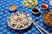 Diverse array of Chinese cuisine, featuring dumplings, cucumbers in vinegar, spicy sauces, and stir-fried noodles, attractively arranged on a blue floral-patterned tablecloth in bright sunlight