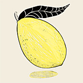 A textured hand-drawn illustration of a vibrant yellow mango with a detailed dark leaf, highlighted on a neutral background.