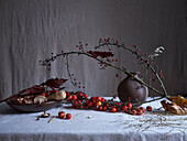 Ein stimmungsvolles und künstlerisches Stillleben mit kleinen roten Krabbenäpfeln, Shiitake-Pilzen und einer faszinierenden Vase. Vor einem grau drapierten Hintergrund fängt dieses Bild die Essenz des Herbstes ein.