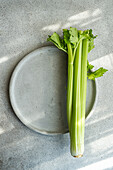 From above bundle of crisp organic celery sticks laid out on a grey concrete plate, set against a textured background.