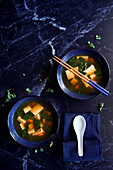 Rustic Okinawan-style miso soup with copy space.