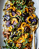 Quinoa salad with roasted delicata squash, beets, and arugula