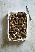 Black morels in a white market box on a beige stone background