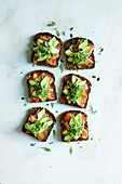 Salmon slices and avocado on whole grain bread