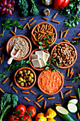 Wholefood plant-based food with raw ingredients such as fruit, vegetables, grains, legumes, tofu and nuts.