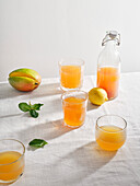 Homemade fermented kombucha drink with fruit flavour on white background