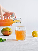 Weibliche Hand gießt hausgemachte fermentierte Bio-Kombucha-Limonade aus einer Flasche in ein Glas