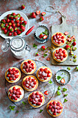 Tartlets filled with cream and strawberries, on a wire rack, with powdered sugar