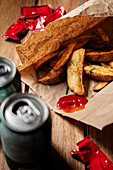 take out steak fries with cans of soda pop