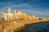 Die Catedral de la Santa Cruz (Kathedrale des Heiligen Kreuzes) an der Bucht von San Sebastian, Altstadt, Cádiz, Andalusien, Spanien, Europa