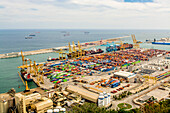 Views of Port of Barcelona from the Montjuic Castle old military fortress on Montjuic Mountain overlooking the city, Barcelona, Catalonia, Spain, Europe