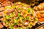 Savoury snacks for sale at the Mercat de Sant Josep de la Boqueria, Barcelona's most famous market, Barcelona, Catalonia, Spain, Europe