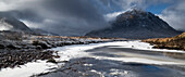 River Etive in winter looking into Glen Etive and backed by Stob Dearg (Buachaille Etive Mor), Rannoch Moor, Argyll and Bute, Scottish Highlands, Scotland, United Kingdom, Europe