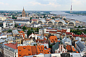 Aerial view over the Dauvaga River and the Central Market from St. Peter's church tower, Riga, Latvia, Baltic region, Europe