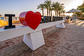 View of sign on beach in Sahl Hasheesh Old Town, Sahl Hasheesh, Hurghada, Red Sea Governorate, Egypt, North Africa, Africa