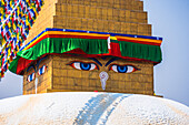 Nahaufnahme des Gesichts von Buddha auf der Stupa, Bouddha (Boudhanath), UNESCO-Weltkulturerbe, Kathmandu, Nepal, Asien