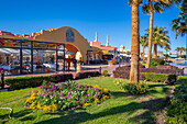 View of cafe and restaurant in Hurghada Marina and Al Mina Mosque in background, Hurghada, Red Sea Governorate, Egypt, North Africa, Africa