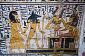 Wall painting of the God Anubis Facing Pharaoh, Tomb of Nebenmaat, TT219, Deir el-Medina Tombs (Worker Tombs), Thebes, UNESCO World Heritage Site, Luxor, Egypt, North Africa, Africa