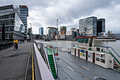 View of Dusseldorf-Hafen, an urban quarter located on the River Rhine and the location of the city's docks, Dusseldorf, North Rhine Westphalia, Germany, Europe